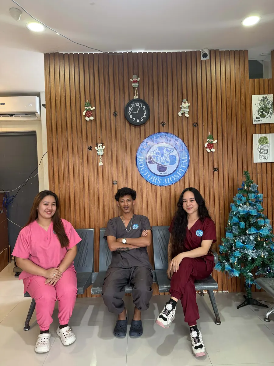 Three of our staff in the waiting area under the hospital logo