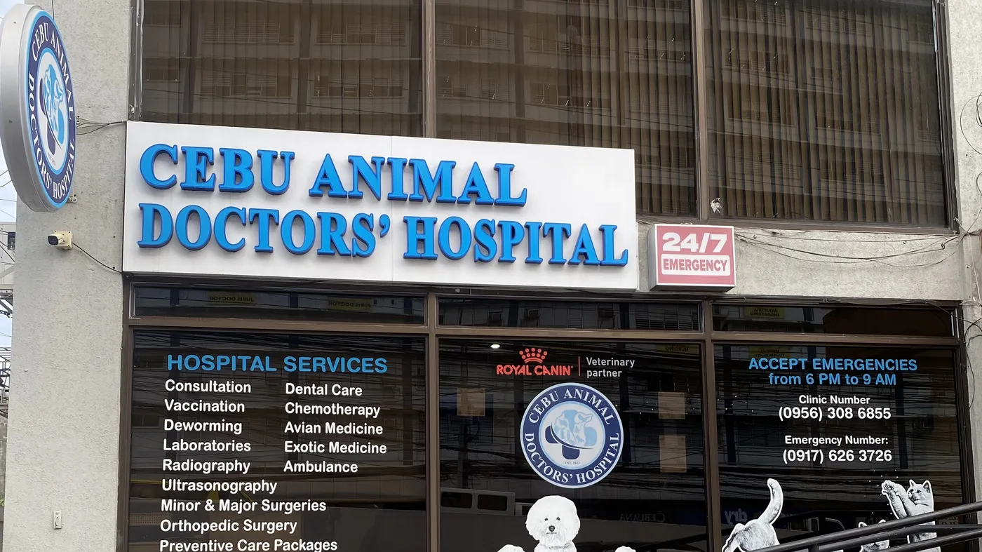 The Cebu Animal Doctors' Hospital storefront with its list of services and the 24/7 emergency sign